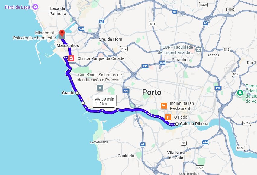Google Maps preview of the cycling route from Ribeira to Matosinhos fish market
