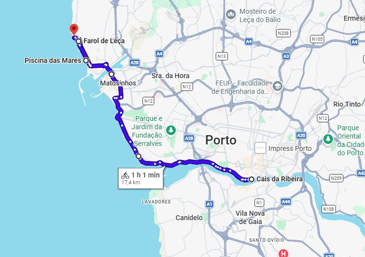 Google Maps preview of the cycling route from Ribeira to Leça da Palmeira and Boa Nova