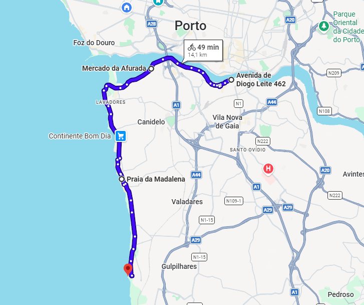 Google Maps preview of the cycling route from the Gaia hub to Capela do Senhor da Pedra
